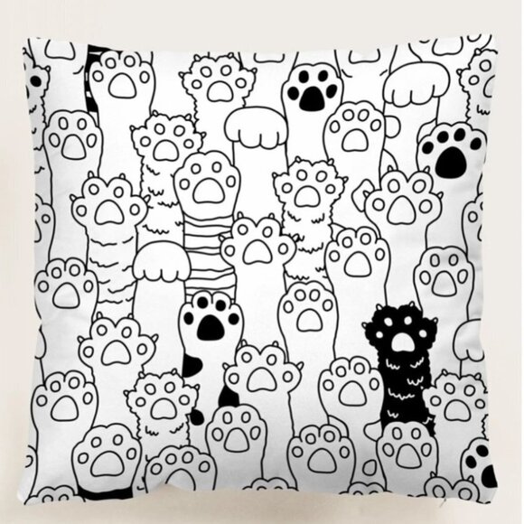 Pillow Cover Cat Paw Print Zip Closure Deco Large Black White Square 17.7 x 17. - Picture 3 of 13